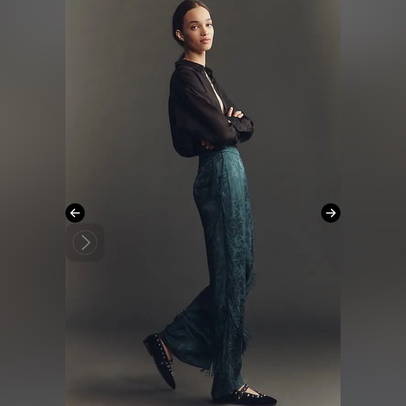 Anthropologie - Teal Jacquard Patterned Fringe Wide-Leg Trouser Pants - 14 - Picture 3 of 13